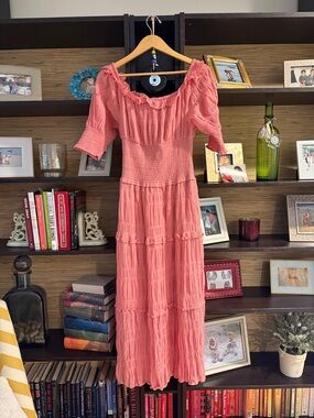 Steve Madden Coral Tiered Midi Dress with Smocked Bodice